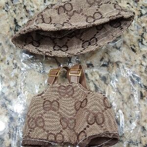 Labubu Brown Patterned Bucket Hat and Overall Set